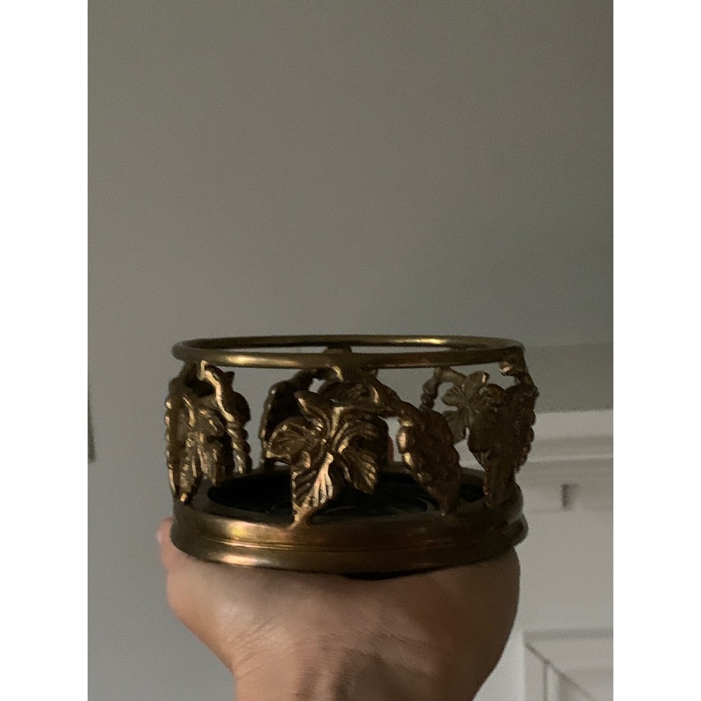 Vintage Brass Grapevine Pillar Candle Holder Gold Leaf Grape Motif Cottagecore